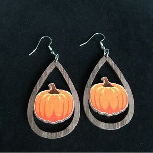 Wooden Dangle Pumpkin Earrings